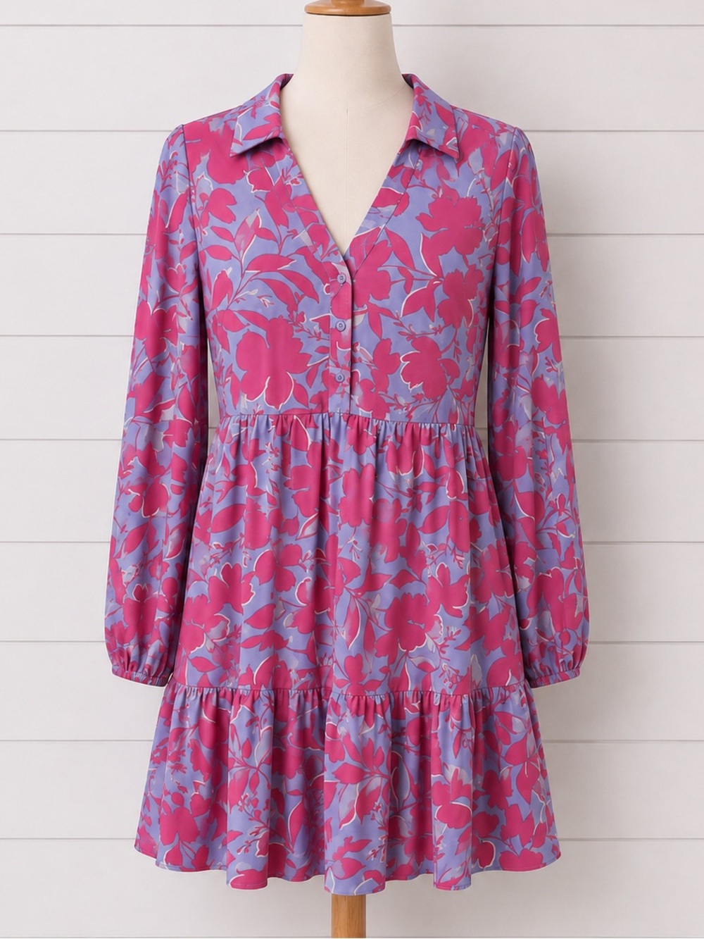 SHEIN Floral Babydoll Dress Pink Blue Long Sleeve Size S